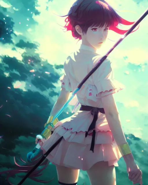 Prompt: magical girl anime screenshot, anime, intricate, sharp focus, illustration, highly detailed, digital painting, concept art, matte, art by ilya kuvshinov and ruan jia and greg rutkowski, masterpiece