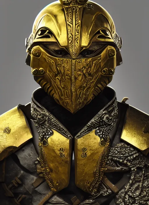 Image similar to concept art of ancient soldier wearing an armoured facemask, with intricate carving details in black and gold, ultra realistic, octane render, 8 k, hd, realistic lighting