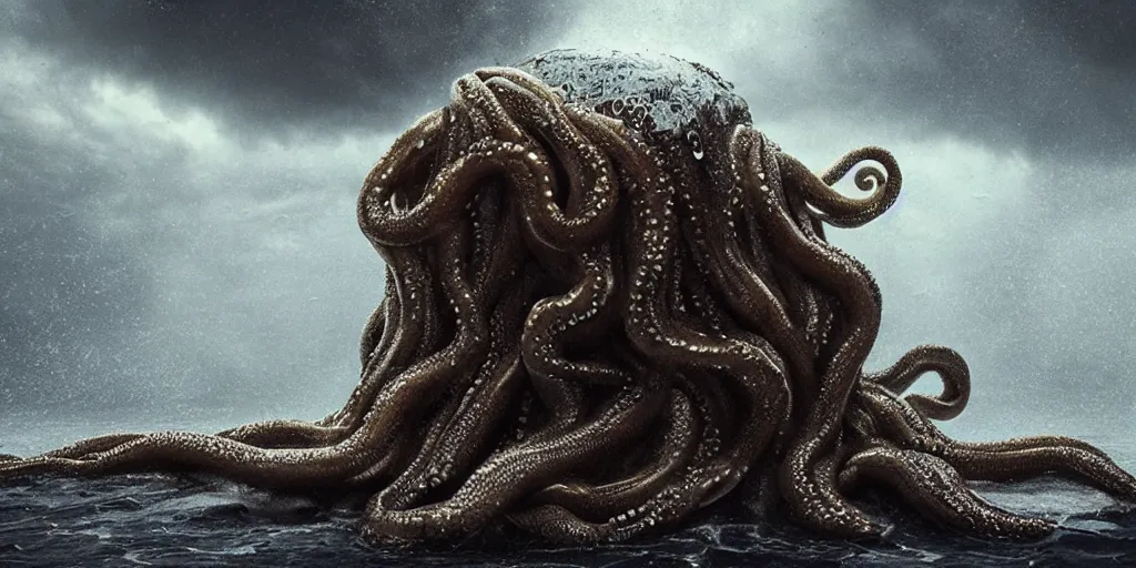 Prompt: giant wet glistening medusa octopus chimera, dripping mucus from its transparent quivering flesh, ocean, storm, mist, moody, low key dramatic lighting, octane render, in the style of sam shearon