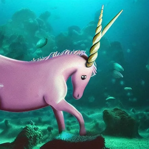 Image similar to a photo of an underwater unicorn discovered by scientists in the murky depths of the ocean using a submersible