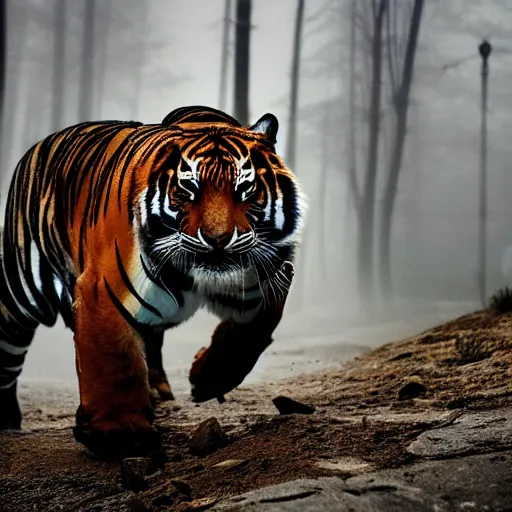 Image similar to A dramatic picture of hooded tiger , foggy atmosphere, cinematic lighting
