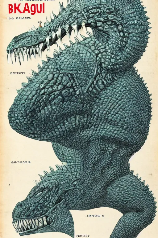 Image similar to biology textbook page, kaiju, 1950s, vintage, anatomy