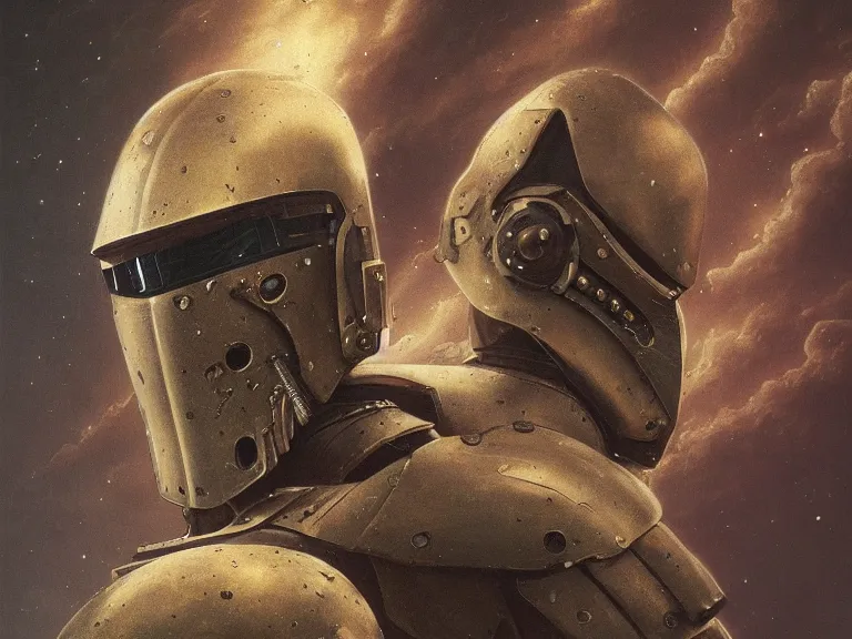 Prompt: a detailed profile portrait painting of a bounty hunter in combat armour and visor. cinematic sci-fi poster. Cloth and metal. Welding, fire, flames, samurai Flight suit, accurate anatomy portrait symmetrical and science fiction theme with lightning, aurora lighting clouds and stars. Clean and minimal design by beksinski carl spitzweg giger and tuomas korpi. baroque elements. baroque element. intricate artwork by caravaggio. Oil painting. Trending on artstation. 8k