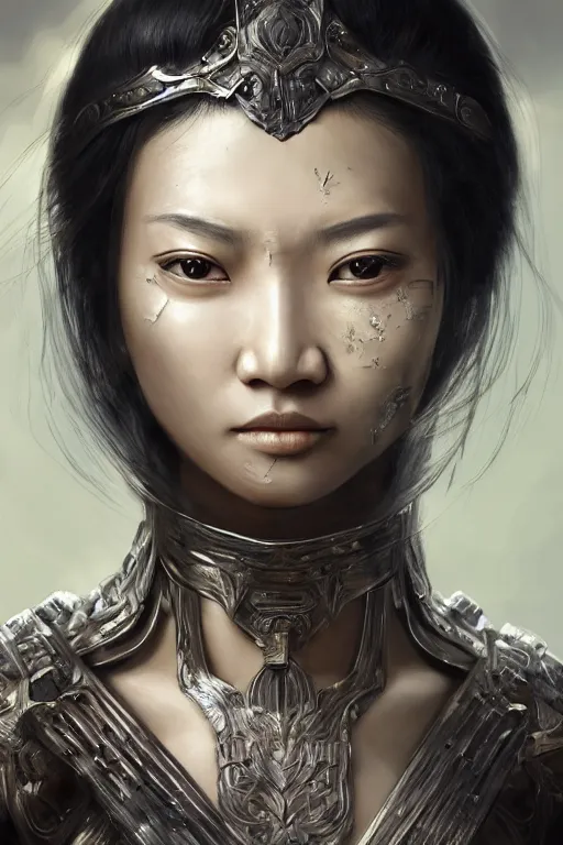 Image similar to Art station concept of Asian woman, fair skin, big eyes, long black hair, no bangs, wearing sculpted textured armor, closes her eye, battle damage, intricate complexity, close-up of the front of the face, resolute expression, back lighting, 4K resolution, symmetric, clear facial features, by Ruan Jia and Mandy Jurgens and William-Adolphe Bouguereau, Karol Bak, smooth, sharp focus, rich deep colors, Unreal Engine 5, digital render, intricate, ultra realistic, concept art,