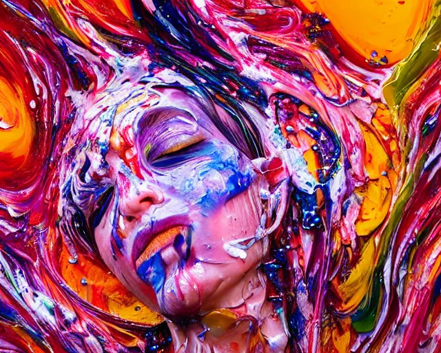 Image similar to still shot close up footage of the portrait of a female head exploding and disintegrating into acrylic pour and splashing paint and dripping paint, painful emotions, motion blur, hyperrealistic, medical, intricate art photography, anatomically correct, realistic crisp textures, 1 6 k