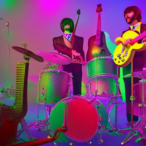 Image similar to The Beatles, Sgt Peppers era, rendered in octane, rendered in vray, rendered in Arnold, insanely detailed, photorealistic, cinematic, global illumination