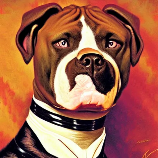 Prompt: a portrait of a pitbull dogman canine star trek officer. highly detailed painting by gaston bussiere, craig mullins, j. c. leyendecker, furry