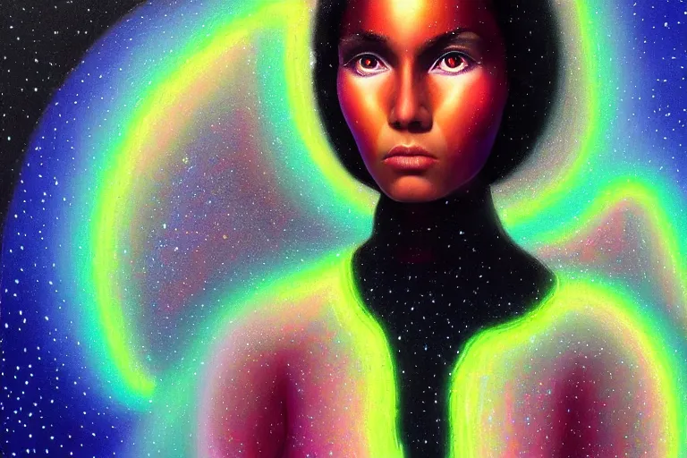 Image similar to patron saint of 🛸🌈👩🏾, futuristic iridescent clothing, wormhole, nebula, black hole, multiverse, neon god of city character portrait, in the style of margaret keane, moebius, tom bagshaw, and waterhouse, cinematic lighting, beautiful, elegant, oil painting,