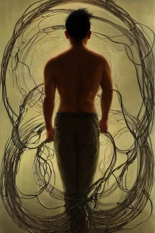 Image similar to hyperrealist portrait of the back of an attractive angelic asian man, it is decorated with long wires that fall like vines and wears small computers over their body. by jeremy mann and alphonse mucha, fantasy art, photo realistic, dynamic lighting, artstation, poster, volumetric lighting, very detailed faces, 4 k, award winning