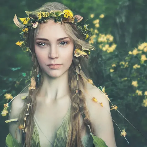 Prompt: portrait, stunning ethereal half - elf adventurer, made of sunlight and moonbeams, gently smiling with a crown of flowers, realistic, award - winning photography, glowing