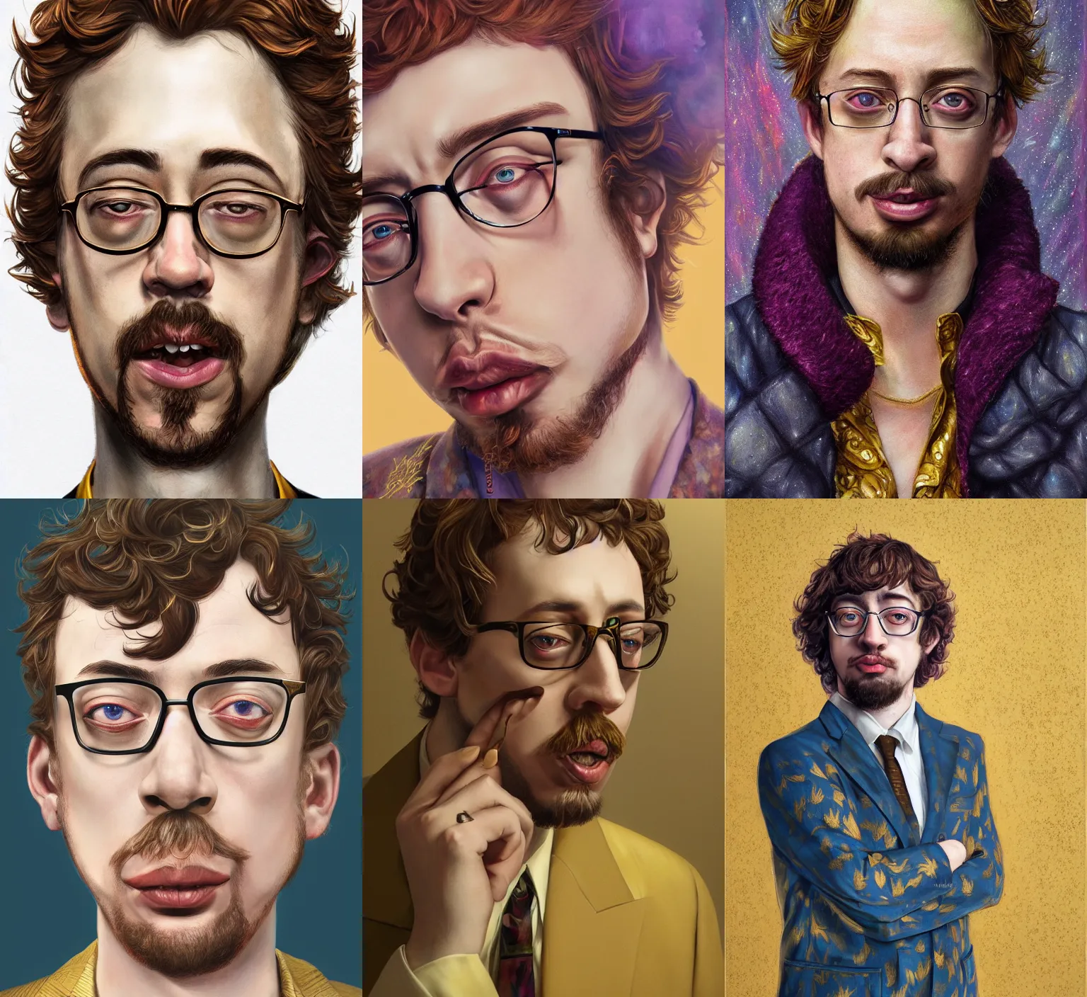 Prompt: sam hyde wearing luxurious gold suit, sigma male, accurately portrayed, portrait art by martine johanna, highly detailed, illustration, ethereal lighting with twilight rays of lightning, very detailed, smooth, sharp focus, octane render, close up