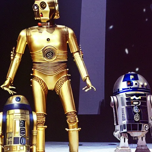 Prompt: c3po and r2d2 performing jumping jive on stage