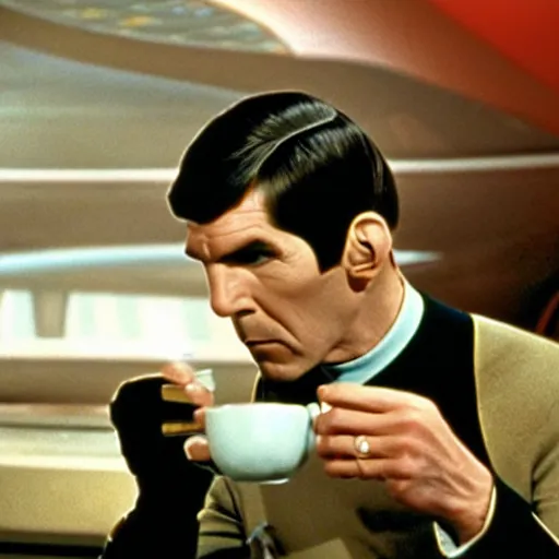 Image similar to mr spock drinking coffee on the bridge of the enterprise, cinematic, movie still