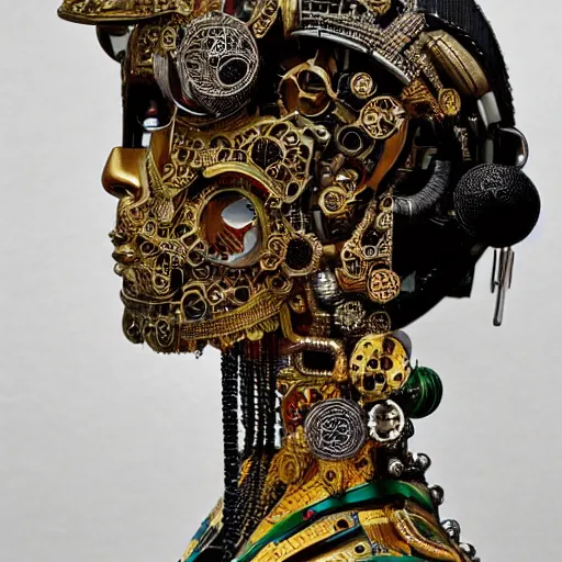 Prompt: close - up side view portrait of cyborg ( ( ( ( ( ( ( geisha ) ) ) ) ) ) ), robotic, machina, super intricate ornaments artwork.