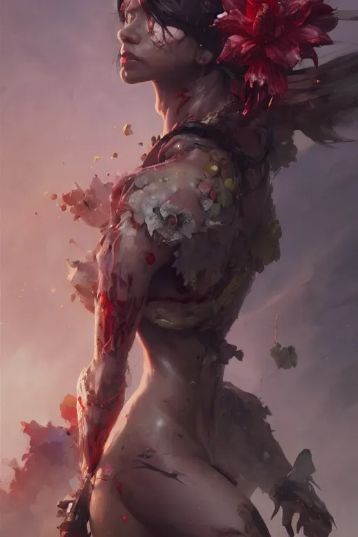 Image similar to abstract beautiful girl predator covered with blood, 3 d render, hyper realistic detailed portrait, holding magic flowers, ruan jia, wlop. scifi, fantasy, hyper detailed, octane render, concept art, by peter mohrbacher, by wlop, by ruan jia