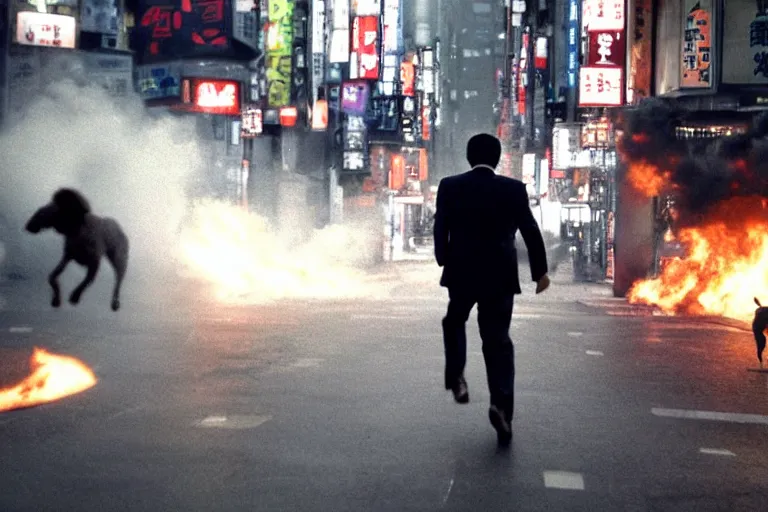 Image similar to cinematography action movie closeup portrait of a Japanese business man carrying his dog running from an explosion in Tokyo by Emmanuel Lubezki