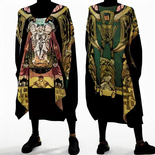 Image similar to ancient greek philosphers wearing gucci versace intricate textile chiton himation cloak tunic detailed design japanese kanji streetwear cyberpunk modern fashion