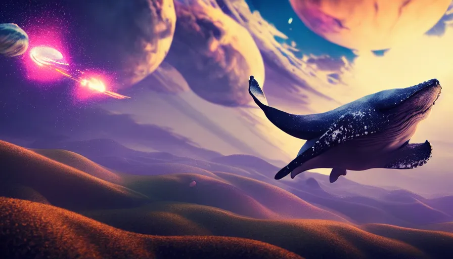 Image similar to highly detailed cinematic scifi render of a flying whale over the tuscany skies, cypresses and hills, stars and planets, hyper detailed, digital art, cinematic lighting, studio quality, smooth render, unreal engine 5, octane render, trending on artstaion.