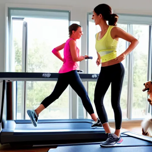 Image similar to A woman walking on a treadmill with her dog walking on a smaller treadmill next to her