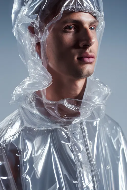 Image similar to an ultra high definition professional high fashion portrait studio full length photograph of a male model wearing a transparent pearlescent raincoat and neon visor in an icelandic black rock environment at dawn. no artefacts. extremely detailed. stark. refraction. shallow depth of field. volumetric light and shadow. ray tracing. light rays.