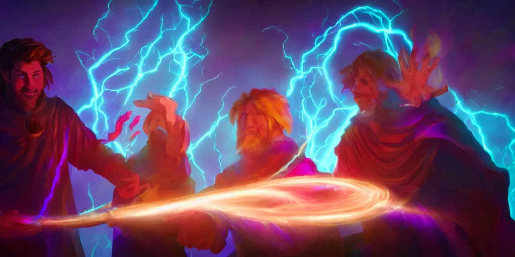 Image similar to a mage and his brother they are in front of the desk working on a new spell that is casting out flowing energy, colorful, flowing energy, light rays, consistent face, medium shot, waist up, sharp, concept art, highly detailed, bloom, dramatic lighting, cinematic