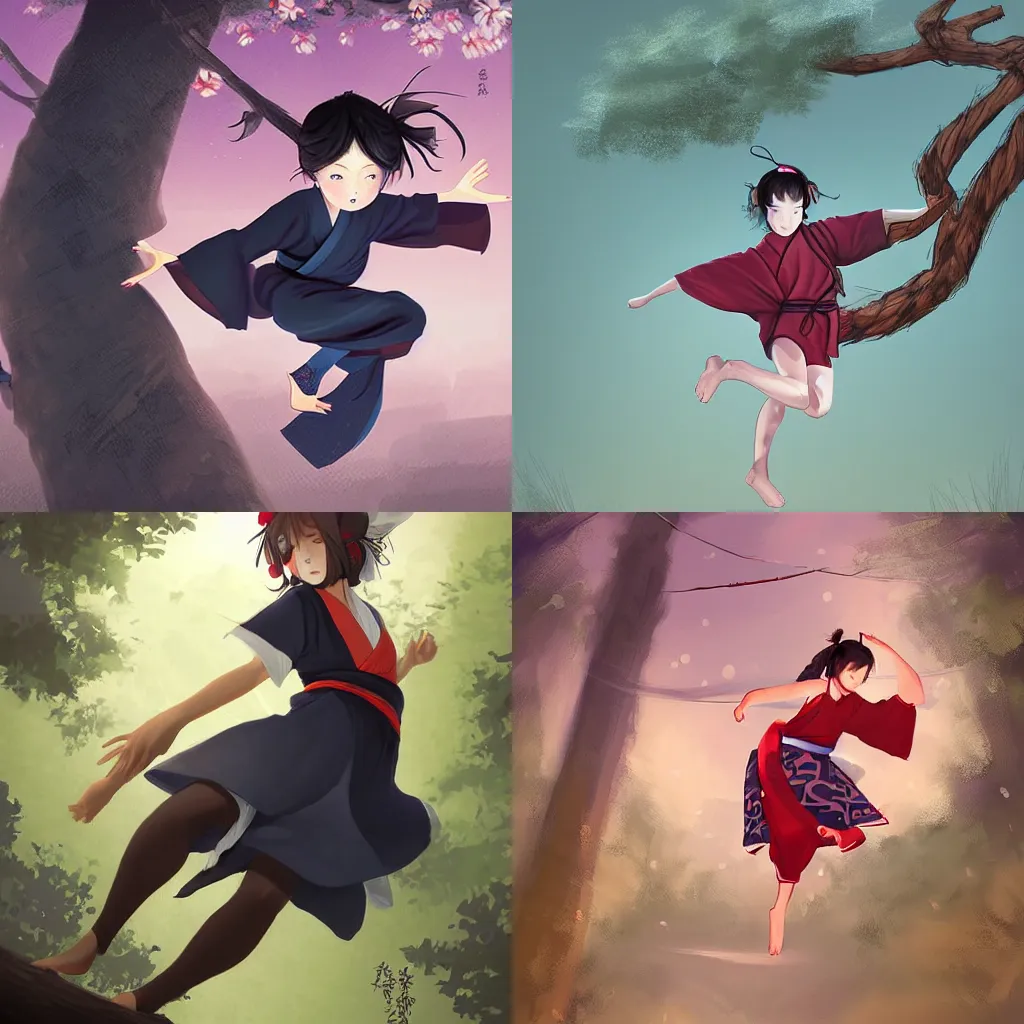 Prompt: A ninja girl in a short peasant kimono nimbly leaps off of a tree branch, night time, digital art by WLOP