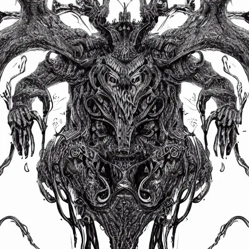 Image similar to 4K headshot of godlike Shub-Niggurath with defined arms and open hands and bloody clothes with giant mandala wings , intricate face , flawless anime cel animation by Kentaro Miura, psychedelic , highly detailed upper body , professionally post-processed , beautiful, scary, symmetry accurate features, epic, octane rendered, anime masterpiece, accurate