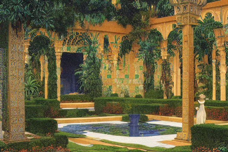 Prompt: painting of a beautiful moorish palace courtyard garden, by maxfield parrish and evelyn de morgan and waterhouse and dante rossetti, patterned tilework, palm trees, tiled fountains, extremely detailed, cinematic lighting, smooth sharp focus