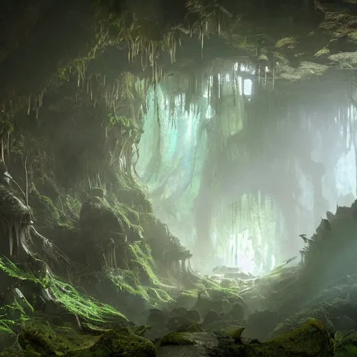 Image similar to photo an overgrown deep underground cave on another world embellished with a lush overgrown jungle of beautiful ancient alien trees, alien elvish cave village, scattered complex ancient monoliths emitting cosmic astral energy, nebula fog and cosmic mist, 4 k rtx hdr volume light concept studio matte painting environment octane, ue 5, photorealistic render trending on artstation by eytan zana