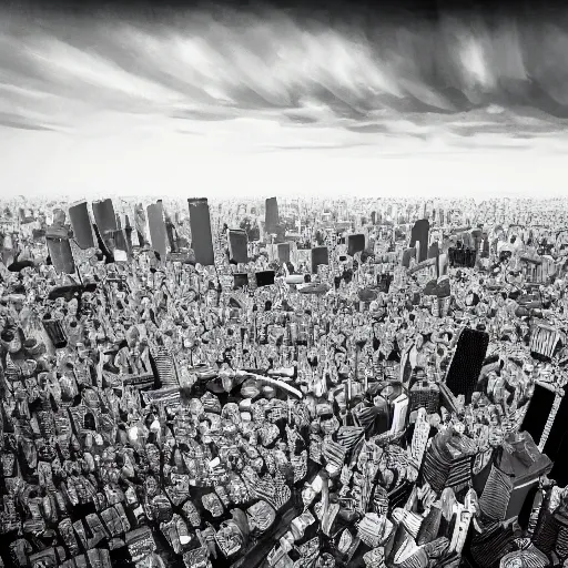 Image similar to tokyo city taken from drone by ashley wood and j. m. w. turner, speed painting, photo bash, cinematic angle, super detailing, monochrome