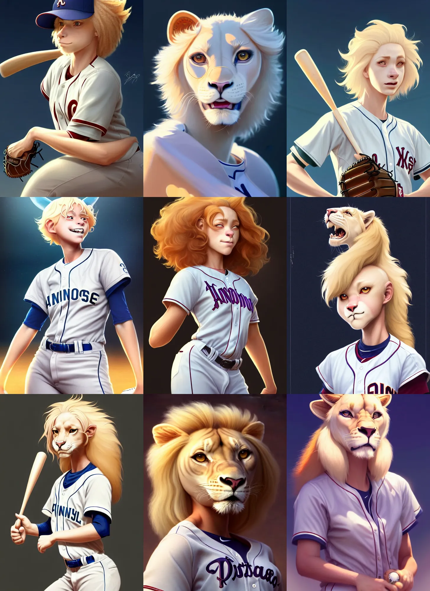 Prompt: beautiful portrait of a female anthropomorphic albino lioness fursona baseball player at a baseball field. character design by disney, charlie bowater, ross tran, artgerm, and makoto shinkai, detailed, soft lighting, rendered in octane
