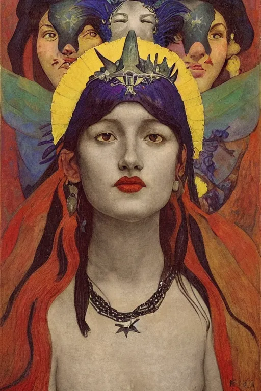 Image similar to queen of the crows with stars in her hair by Nicholas Roerich and Annie Swynnerton and Diego Rivera and jean delville and Carl Larsson, dramatic cinematic lighting , silver jewelry, ornate headdress, flowing robes, sacred artifacts, lost civilizations, smooth, sharp focus, extremely detailed