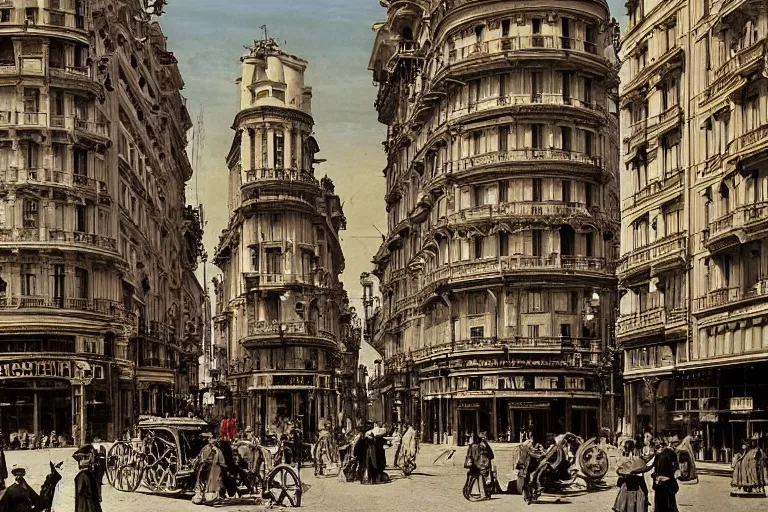 Image similar to The Madrid Gran Vía, steampunk, Victorian era style, 1890 photo, retro futuristic, highly detailed, in colors, hyper realistic