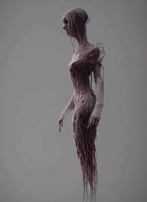 Image similar to woman inspired by zdzislaw beksinski, canyon, clothes made out of veins, rgb, cables everywhere, bedroom, ultra realistic, concept art, intricate details, highly detailed, photorealistic, octane render, 8 k