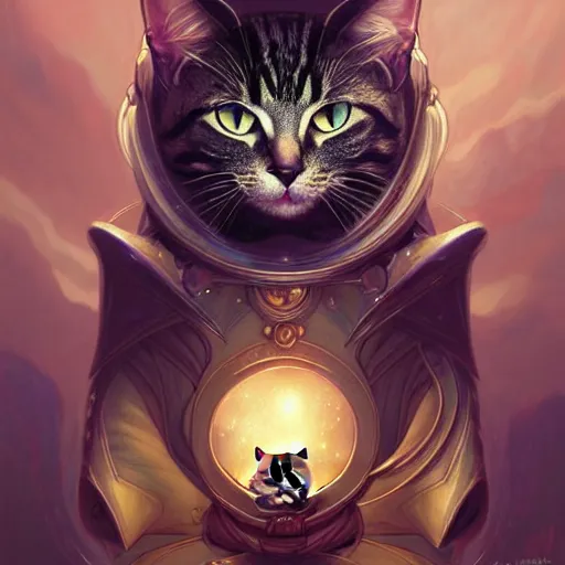 Image similar to Portrait of cat in space, D&D, dark fantasy, intricate, elegant, highly detailed, digital painting, artstation, concept art, smooth, sharp focus, illustration, art by artgerm and greg rutkowski and alphonse mucha