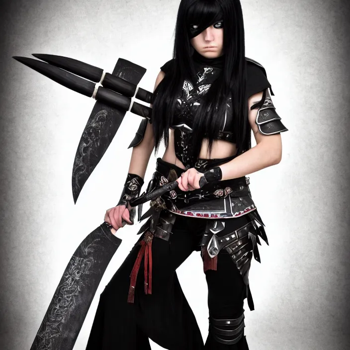 Image similar to professional full length photograph of a beautiful female emo warrior. Extremely detailed. 8k