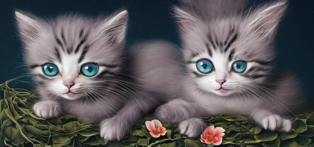 Prompt: a kitten, portrait and translucent and hyperrealistic and ultra - detailed in the style of roger dean, jin kagetsu, james jean, chris cunninham, hans bellmer and wlop, bloom, glow, reflection, refraction, matte, glossy, smooth, emissive material