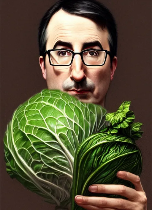 Image similar to a portrait of john oliver and a cabbage, stoic, fantasy, intricate, elegant, beautiful, highly detailed, charcoal, centered, dark, smokey, digital painting, artstation, concept art, smooth, sharp focus, illustration, art by artgerm and greg rutkowski and alphonse mucha