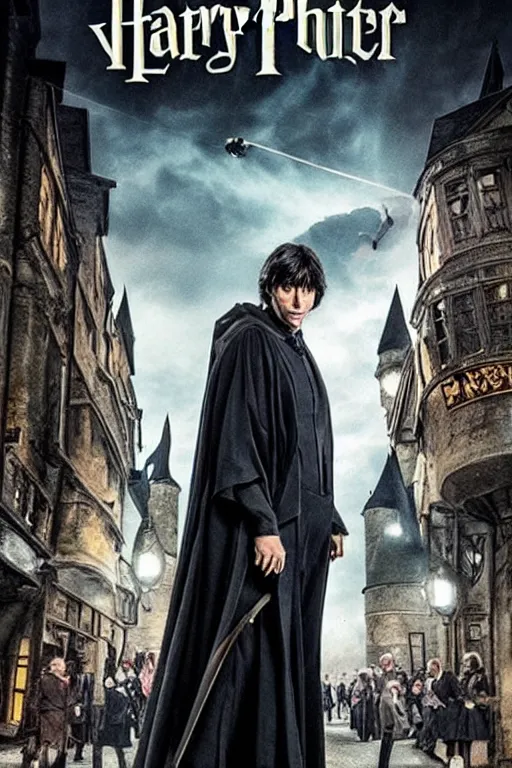 Image similar to Keanu Reaves playing Harry Potter in Harry Potter and the Rise Of The Machines Movie Poster