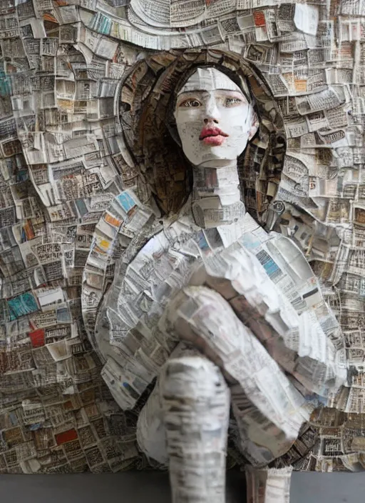 Image similar to a portrait of a beautiful young woman paper mache wrapped and made of newspaper, sitting relax and happy, marble stairs on the the backgroundhyper realistic, 8 k,