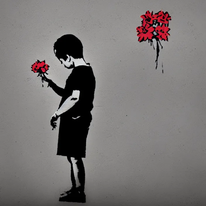 Image similar to a right side profile of a boy holding flowers in the style of Banksy, graffiti, digital art