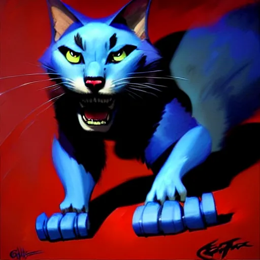 Image similar to blue cat eating red sable painting by eddie mendoza, greg rutkowski