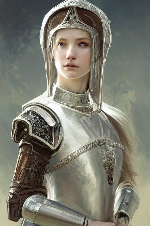 Image similar to beautiful and victorian and holy and divine and elite young medieval female white armor knight portrait +shinny eyes+front face with light flowing hair, ultradetail face, art and illustration by tian zi and craig mullins and WLOP and alphonse mucha, fantasy, intricate complexity, human structure, human anatomy, fantasy character concept, watermark, blurry, hyperrealism 8k