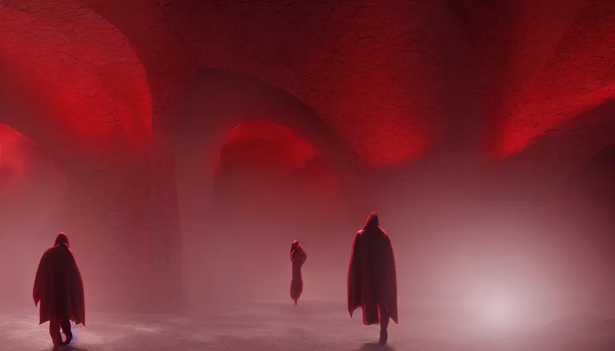 Prompt: figures in red cloaks ascend huge creepy fantasy stairs, photorealistic rendering, cinematic, movie still, by denis villeneuve, volumetric magical lighting