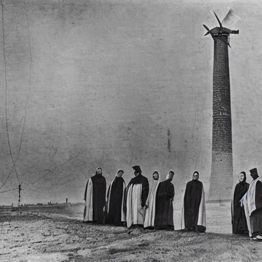 Image similar to worshippers dressed in robes belonging to the cult of the windmill. Dilapidated 1800s windmill. 1800s photo. Very detailed and clear image.