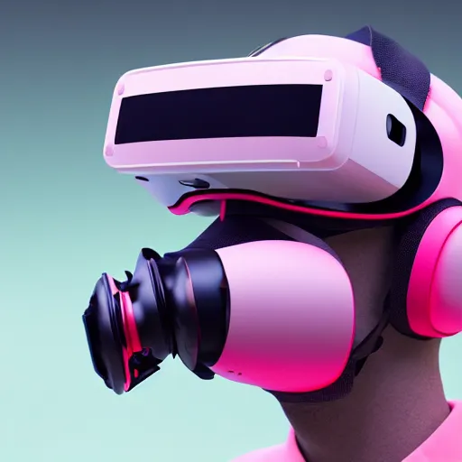 Image similar to intense futuristic bespoke vr headset respirator on a set of twin ninja hypebeasts, by ilya kuvshinov and james jean and sorayama and ikeuchi and hiroya oku and gilleard james, artstation trending, 8 k, 3 d render, photorealistic, volumetric lighting caustics, pink