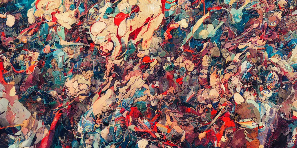 Prompt: highly textured oil painting modern art abstract exhibition with alot of people by james jean and katsuhiro otomo and erik jones, inspired by akira anime, smooth texture, intricate oil painting, high detail illustration, sharp high detail, long exposure