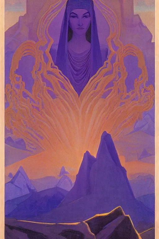 Prompt: queen of the dawn mountains, by Nicholas Roerich and jean delville , dramatic cinematic lighting , ornate headdress , lost civilizations