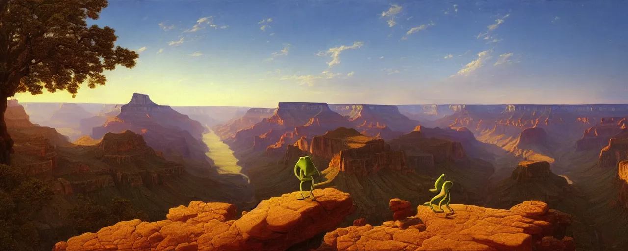 Prompt: romantic painting, wide shot of kermit the frog standing in front of a the grand canyon at sunrise, highly detailed, sublime, hyperrealistic, painted by caspar david friedrich and albert bierstadt, trending on artstation 8 k