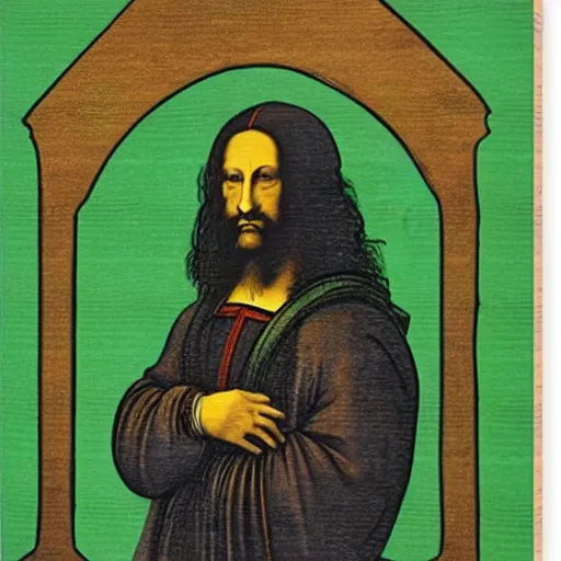 Image similar to portrait of leonardo da vinci in simple green background in the style of japanese cartoon and japanese wood print